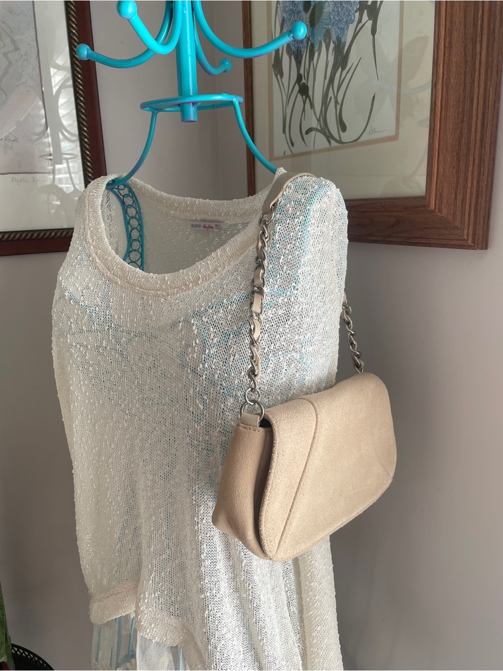 Ann Taylor Loft Handbag Beige Suede Shoulder Bag with Chain Strap - Picture 4 of 15